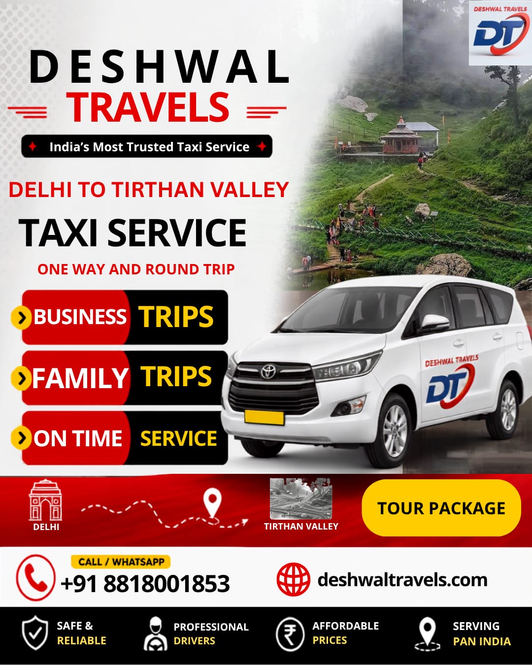 Delhi to Tirthan Valley Taxi